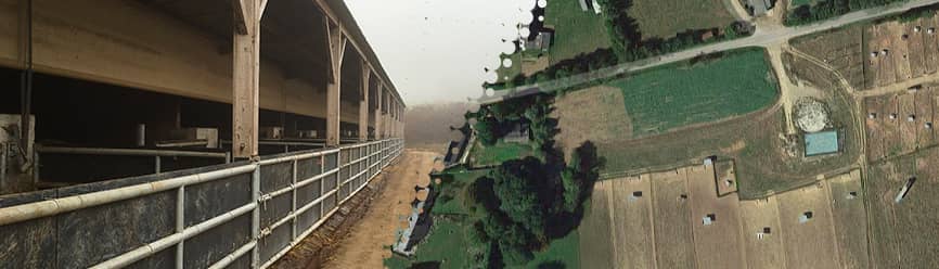 Montage photo en 2 parties: à gauche bâtiment d'élevage, à droite vue aérienne d'un élevage plein air